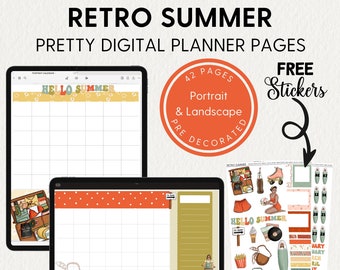 Pre-Decorated DIGITAL PLANNER PAGES Goodnotes Noteful Samsung Notes Calendar Weekly, Daily Retro Summer Pdf Templates Digital Planner Insert