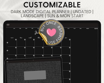 CUSTOMIZABLE DIGITAL PLANNER, Landscape, Dark Mode, Undated, Goodnotes, Reusable, Minimalist, Daily, Weekly, Monthly, diy, Beginners