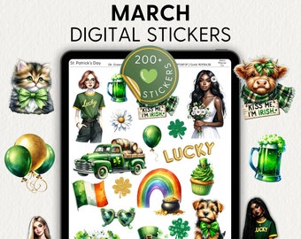MARCH DIGITAL STICKERS, St Patrick's Day, Green, Goodnotes Sticker Book, png files, Cute Stickers, Holiday, Planner Clipart, Journal