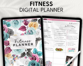 DIGITALE FITNESSPLANNER, glow up, ongedateerde workout gezondheid fitnessplanner, Goodnotes, Penly, pdf, iPad Android, maaltijdplan, roze bloemen 2025