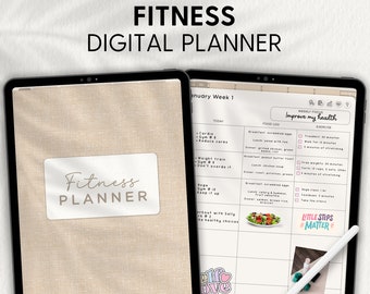 May include: A digital planner on a tablet screen with a beige background. The planner is titled "Fitness Digital Planner" and includes a weekly schedule for January, with sections for "Today", "Food Log", and "Exercise". The planner includes a weekly focus on "Improve my health" and features a motivational quote "Little Steps Matter".