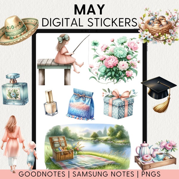 MAY DIGITAL STICKERS, Goodnotes Sticker Book, Samsung Notes, Png, Spring, Summer, Planner Clipart, Realistic, Functional, Monthly Kit, 2024