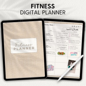 Op de afbeelding: Een digitale planner op het scherm van een tablet met een beige achtergrond. De planner heeft de titel "Fitness Digital Planner" en bevat een wekelijks schema voor januari, met secties voor "Vandaag", "Voedsel Logboek" en "Oefening". De planner heeft een wekelijkse focus op "Verbeter mijn gezondheid" en bevat een motiverende quote "Kleine stappen doen ertoe".