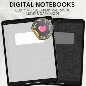 Peut inclure: Deux carnets numériques affichés sur l'écran d'une tablette. Le carnet de gauche a un fond gris clair avec un rectangle blanc et un autocollant qui dit "Acheter une fois, utiliser pour toujours". Le carnet de droite a un fond gris foncé avec un rectangle gris. Les deux carnets ont un design en tissu texturé.