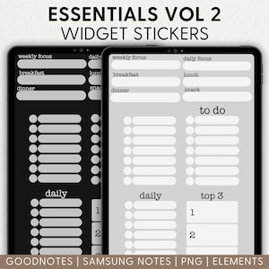 May include: Digital widget stickers for GoodNotes and Samsung Notes. The image shows two tablets with digital planner stickers. The stickers include sections for weekly focus, daily tasks, and to-do lists. The text "ESSENTIALS VOL 2 WIDGET STICKERS" is at the top.