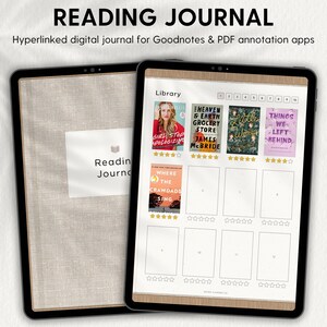 May include: A digital reading journal template for Goodnotes and PDF annotation apps. The template features a library section with 12 book covers, each with a rating system. The book covers include titles like "Girl, Stop Apologizing", "Heaven & Earth Grocery Store", "Little Women", and "Things We Left Behind".