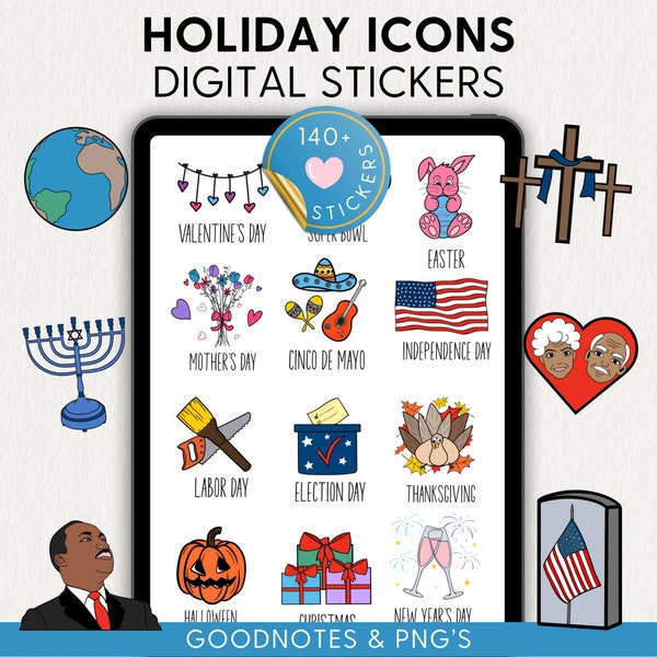 HOLIDAY DIGITAL STICKERS for digital planners, Goodnotes, PNGs, Goodnotes collection, Over 140 stickers, seasonal icons for iPad and Android