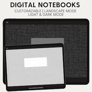 May include: A digital notebook app mockup on a tablet screen. The app has a customizable interface with light and dark mode options. The app is shown in landscape mode.