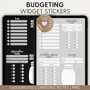 May include: A set of 125 printable budgeting stickers for Goodnotes and Samsung Notes. The stickers include a to-pay list, subscription tracker, monthly expense tracker, and savings tracker. Each tracker has a jar icon and a calendar with checkboxes for each month.