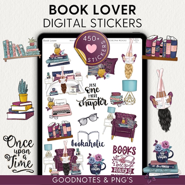 BOOK LOVER Digital STICKERS, Goodnotes Stickerbook, Pre-cropped png, Bookish, Reading, Bookaholic, Digital Planner Clipart, Bookworm, iPad
