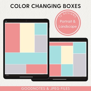 以下が含まれることがあります： タブレットの画面に表示されているデジタルプランナーテンプレート2つ。テンプレートは、薄いピンク、薄い黄色、薄い青、薄い紫のカラーコードで区切られたボックスに分けられています。画面のテキストは「2 of 12」。タブレットの上のテキストは「COLOR CHANGING BOXES」と「12 DESIGNS Portrait & Landscape」。タブレットの下のテキストは「GOODNOTES & JPEG FILES」。
