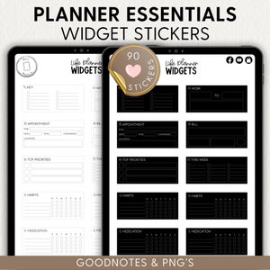 Puede incluir: Un conjunto de 90 pegatinas de planificador en blanco y negro para Goodnotes y PNG. Las pegatinas incluyen varios widgets como "Clave", "Cita", "Prioridades principales", "Hábitos" y "Medicación".