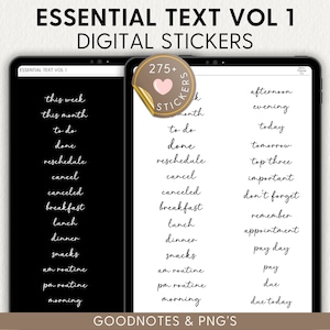 May include: A digital sticker set with over 275 stickers for use in digital planners. The stickers are black text on a white background and include phrases like "this week", "to do", "done", "reschedule", "cancel", "canceled", "breakfast", "lunch", "dinner", "snacks", "am routine", "pm routine", "morning", "afternoon", "evening", "today", "tomorrow", "top three", "important", "don't forget", "remember", "appointment", "pay day", "pay", "due", and "due today".