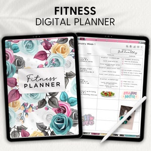 May include: A digital planner with a floral design on the cover. The planner is open to a page with a weekly schedule for January. The page includes sections for food log, exercise, and weekly focus. The weekly focus is "Get Healthy".