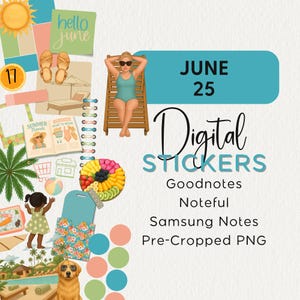 May include: A digital sticker set with a summer theme. The image includes a woman in a swimsuit relaxing on a beach chair, a fruit platter, and the text "Digital Stickers." The stickers are compatible with Goodnotes, Noteful, and Samsung Notes.