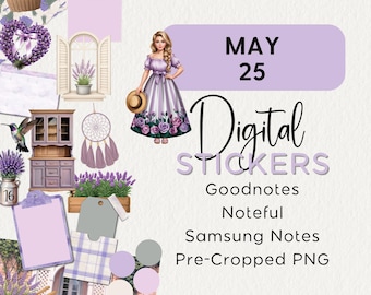 May DIGITAL PLANNER STICKERS, Goodnotes Noteful Samsung Notes Png Summer Lavender Seasonal Realistic Modern Digital Clipart Monthly Kit 2025