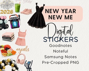 New Year Digital Planner Stickers Party Goal Setting Workout Goodnotes Noteful PNG 2026
