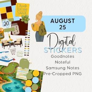 Pode incluir: Autocolantes digitais com o texto "August 25" e "Digital Stickers". A imagem inclui ilustrações de uma mulher, um campo de golfe e outros elementos temáticos de verão. Os autocolantes são compatíveis com Goodnotes, Noteful e Samsung Notes.
