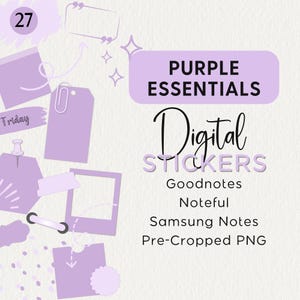 May include: A set of 27 purple digital stickers for Goodnotes, Noteful, and Samsung Notes. The stickers are pre-cropped PNG files and feature various shapes, including a cloud, a frame, a tag, and a star.