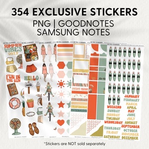 May include: A set of 354 digital stickers featuring a retro summer theme. The stickers include illustrations of people, food, drinks, and other summer-related objects. The stickers are designed for use with Goodnotes and Samsung Notes apps. The text "Summer Vibes Only" is featured on one of the stickers.