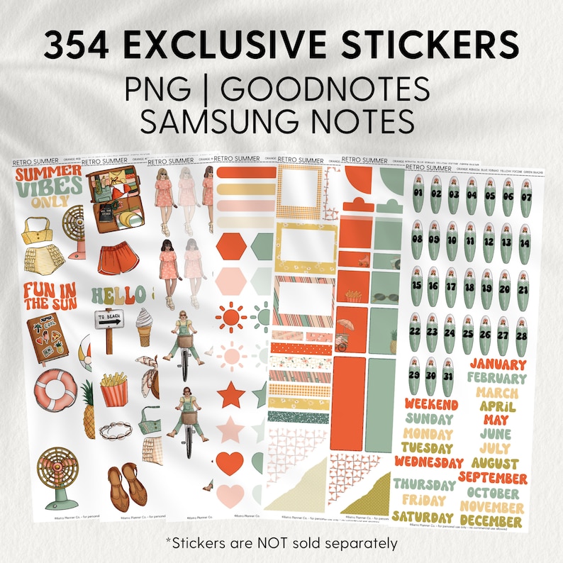 May include: A set of 354 digital stickers featuring a retro summer theme. The stickers include illustrations of people, food, drinks, and other summer-related objects. The stickers are designed for use with Goodnotes and Samsung Notes apps. The text "Summer Vibes Only" is featured on one of the stickers.