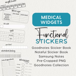 May include: Black and white printable stickers for Goodnotes, Noteful, and Samsung Notes. The stickers are for medical tracking, including weight, blood sugar, cycles, intermittent fasting, medical appointments, and blood pressure.