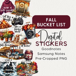 May include: A digital sticker set with a fall theme. The image includes a bucket list with illustrations of fall activities like bonfires, hayrides, and haunted houses. The text reads "Digital Stickers" and lists compatible apps.