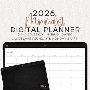 Peut inclure: Un agenda numérique minimaliste pour 2026. La tablette noire affiche une mise en page de calendrier, avec le mois de janvier visible. Le texte comprend "Quotidien, Hebdomadaire, Hybride, Daté, Paysage, Début Dimanche et Lundi."
