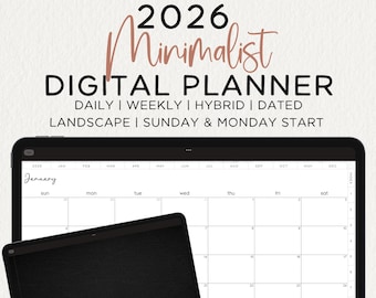 2026 Minimalist Digital Planner LANDSCAPE Dated Noteful Goodnotes Penly iPad Sunday Monday Start Colored Tab Sticker Modern Simple Easy DIY