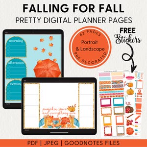 May include: Digital planner pages with a fall theme. The pages are decorated with autumn leaves, pumpkins, and umbrellas. The text "pumpkin spice and everything nice" is featured on one of the pages. The image also includes a sheet of free stickers with fall-themed designs.