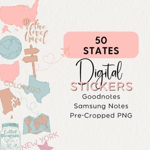 50 Zustandssymbole Digitale Aufkleber, Goodnotes, Samsung Notes, vorgeschnittene PNGs, iPad, Android, Road Trip, Sommerreisen, State Parks, Karte