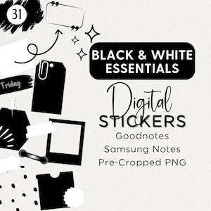 May include: Black and white digital stickers for Goodnotes and Samsung Notes. The stickers include a variety of shapes, including a speech bubble, a note, a frame, and a star. The stickers are pre-cropped PNG files.