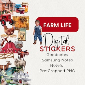 May include: A set of digital stickers featuring farm life imagery. The stickers include a red barn, a tractor, a chicken, a boy in overalls, a saddle, a basket of hay, a jar of jam, a honeycomb, a house, a goat, a sheep, and a bag of chicken scratch. The text "FARM LIFE Digital STICKERS Goodnotes Samsung Notes Noteful Pre-Cropped PNG" is displayed on a red background.