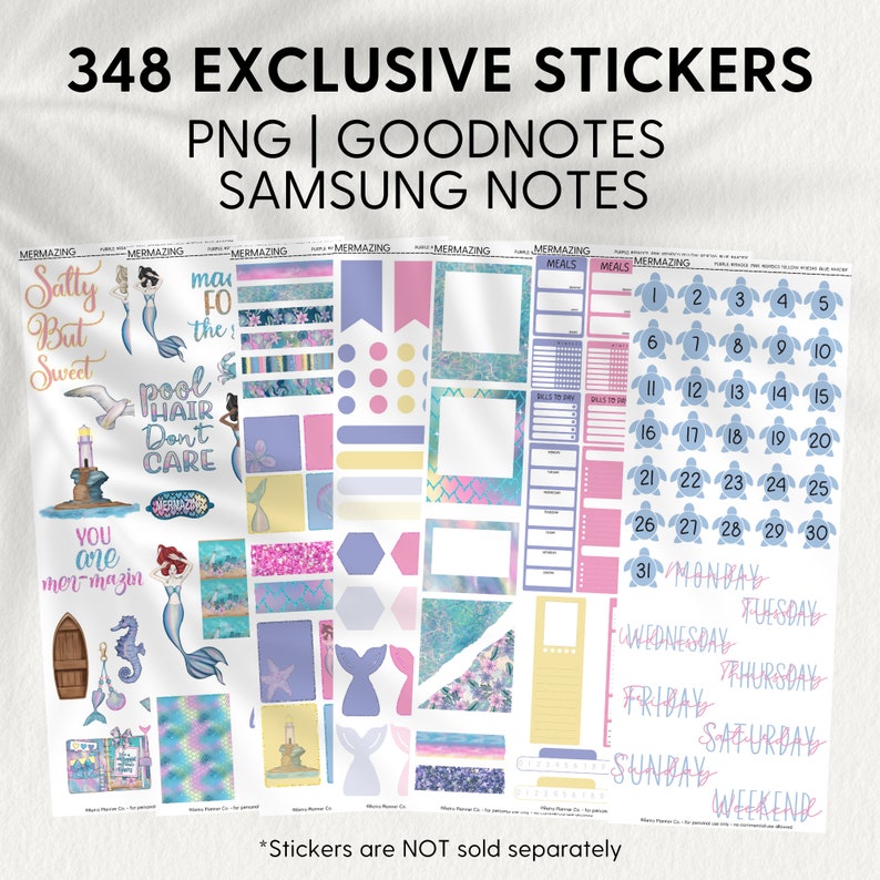May include: A set of 348 digital stickers featuring a mermaid theme. The stickers include a variety of designs, including mermaids, seashells, starfish, and ocean-themed patterns. The stickers are in a variety of colors, including blue, green, pink, and yellow. The stickers are designed for use in digital planners, notes, and other digital documents. The text "Salty But Sweet" and "You are mer mazin" are included in the sticker set.