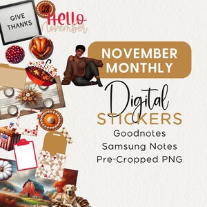 May include: Digital stickers for Goodnotes and Samsung Notes featuring a variety of fall-themed illustrations, including a woman in a brown sweater, a turkey, a pumpkin, a barn, a dog, and a red umbrella. The stickers are pre-cropped PNG files.
