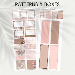 May include: A set of printable coffee-themed stickers featuring various patterns and boxes. The stickers include a variety of designs, such as marble, floral, and geometric patterns, as well as boxes with different sizes and shapes. The stickers are perfect for adding a touch of personality to your planner, journal, or other craft projects.