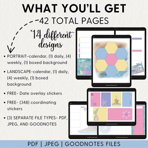 May include: A digital planner with 42 pages and 14 different designs. The planner includes daily, weekly, and calendar pages. It also includes date overlay stickers and coordinating stickers. The planner is available in PDF, JPEG, and Goodnotes file formats.