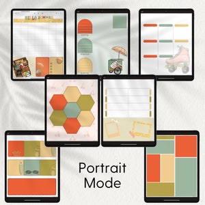 May include: A set of digital planner pages with different layouts and designs. The pages feature a variety of colors, including green, orange, and yellow. The pages are designed for use with a digital planner app.