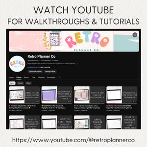 May include: A screenshot of a YouTube channel page for Retro Planner Co. The channel features videos on how to use Goodnotes, a digital note-taking app, for planning and organization. The channel has 1.12K subscribers and 28 videos. The channel's banner image features a pink, blue, and green retro-style logo with the text "Retro Planner Co."