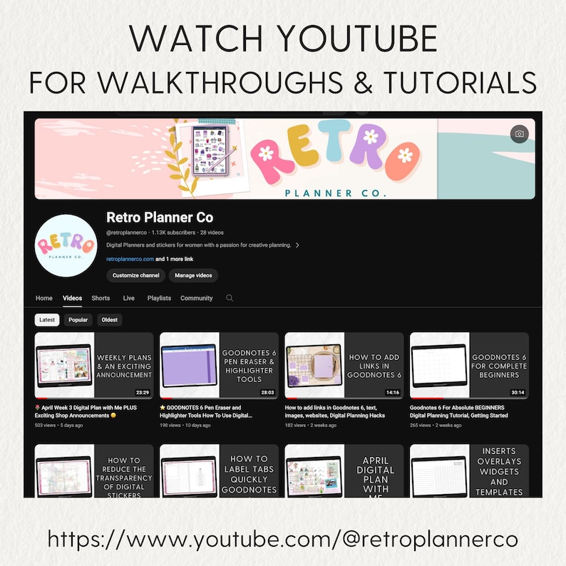 May include: A screenshot of a YouTube channel page for Retro Planner Co. The channel features videos on how to use Goodnotes, a digital note-taking app, for planning and organization. The channel has 1.12K subscribers and 28 videos. The channel's banner image features a pink, blue, and green retro-style logo with the text "Retro Planner Co."