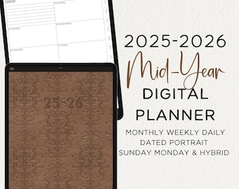 2025 2026 Mid Year Digital Planner Portrait Dated Goodnotes Noteful Penly Sunday Monday Hybrid Start Colored Tab Stickers Modern Minimalist