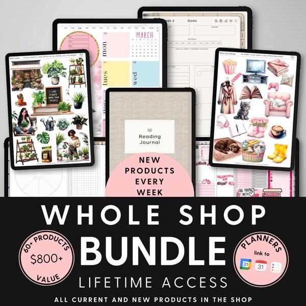 Digitale Sticker-Bundle, Digital Planner Lifetime, Whole Shop, Goodnotes, Samsung Stickerbook datiert, undatiert, Lesetagebuch, Fitness, iPad