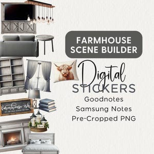 Può includere: Sticker digitali per Goodnotes e Samsung Notes con illustrazioni a tema fattoria. Gli adesivi includono un divano, una libreria, un camino, una lampada, una finestra, un cuscino con una mucca delle Highlands, un cartello che dice "farmhouse-ish", candele e un letto.