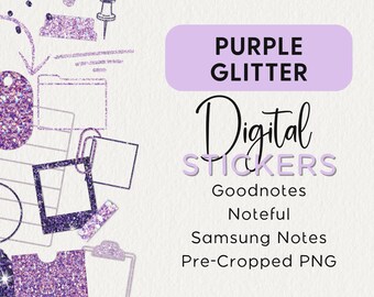 PURPLE Glitter DIGITAL STICKERS Noteful Goodnotes Samsung Notes Png Planner Clipart Overlay Shape Border Scrapbook Frames, Page Grid, Arrows