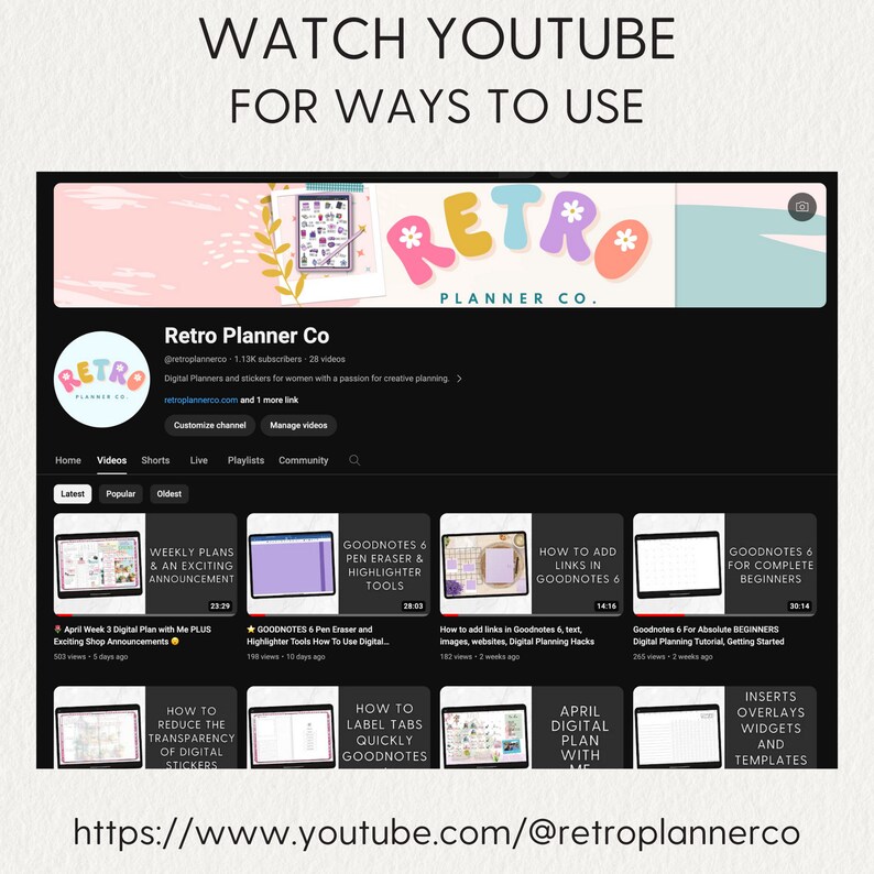 May include: A screenshot of a YouTube channel page for Retro Planner Co. The channel features videos on how to use Goodnotes, a digital note-taking app, for planning and organization. The channel's banner image features a retro-style design with the text "Retro Planner Co." in pink, green, and yellow letters. The channel's description reads "Digital Planners and stickers for women with a passion for creative planning."