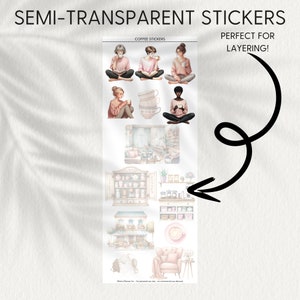 May include: A set of semi-transparent stickers featuring illustrations of people drinking coffee, coffee cups, and coffee shop scenes. The stickers are perfect for layering and adding a touch of whimsy to planners, journals, and other creative projects.