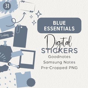 May include: Blue digital stickers for Goodnotes and Samsung Notes. The stickers are pre-cropped PNG files and include various shapes, such as a tag, a frame, and a speech bubble.