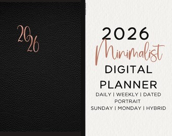 2026 Minimalist Digital Planner Portrait Dated Goodnotes Noteful Penly Sunday Monday Hybrid Start, Colored Tab Stickers Modern Simple DIY