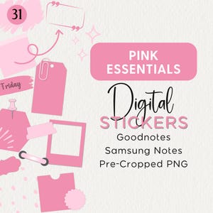 Puede incluir: Pegatinas digitales rosas para Goodnotes y Samsung Notes. Las pegatinas son archivos PNG precortados e incluyen varias formas, como un marco, una etiqueta, una nota y un clip.