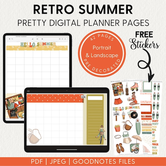 Pre-Decorated DIGITAL PLANNER PAGES Goodnotes Noteful Samsung Notes Calendar Weekly, Daily Retro Summer Pdf Templates Digital Planner Insert